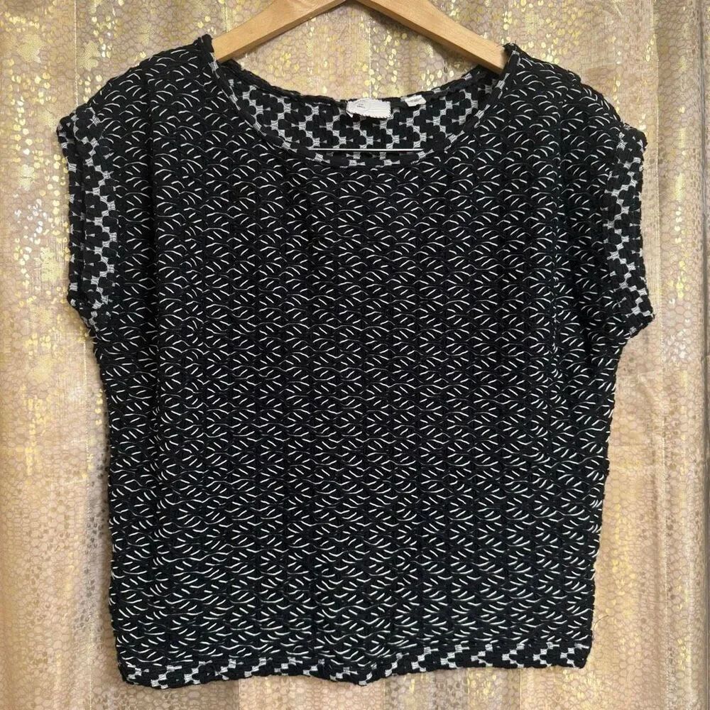 Anthropologie Postmark Black White Texture Weave Stretchy Boxy Top Small